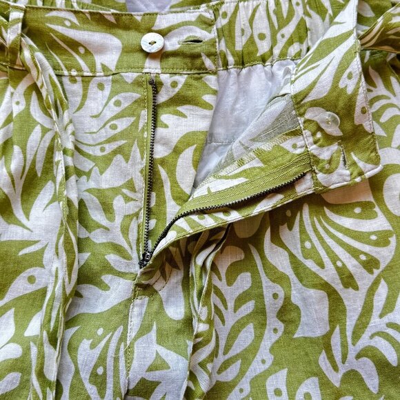 Rachel Zoe Linen Wide Leg Pants Elastic Waist Sash 4 Pockets Green Leafy Print L - Picture 5 of 10